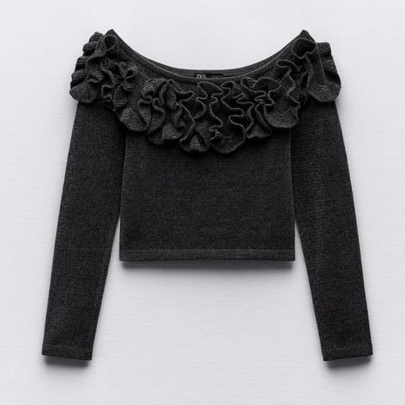 Zara Ruffle Off-The-Shoulder Chenille Top - Picture 1 of 7